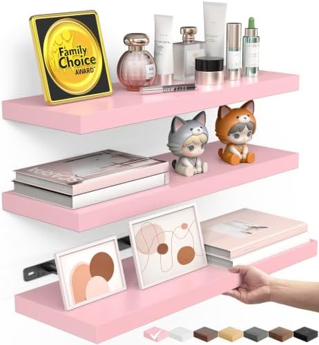 BAYKA Pink Floating Shelves 15.7in, Set of 3, Wall Mounted for Wall Decor by Bayka