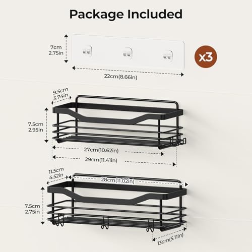 Orimade Shower Caddy Basket Shelf Storage Rack, No Drilling Wall Mounted Adhesive Rust Resistant Stainless Steel Shower Organizer with 5 Hooks for Bathroom, Black 2 Pack - Image 5