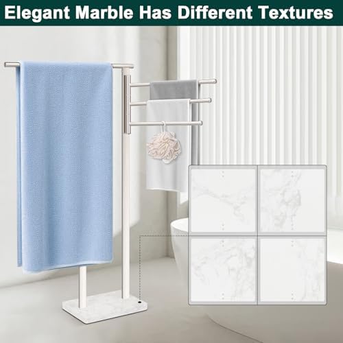 Standing Towel Rack, 304 Stainless Steel Towel Holder Stand with Weighted Marble Base, Floor Bath Towel Racks for Bathroom, Pool, Outdoor with 3 Swivel Towel Arms, Brushed Nickel - Image 6