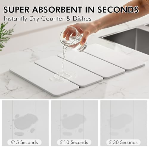 2-in-1 Stone Dish Drying Mat and Bamboo Dish Rack Combo, 24x16 Inch Super Absorbent Fast Dry Diatomaceous Earth Dish Drying Mat, Foldable Space Saver for Kitchen Counter Bathroom Apartment - Image 2
