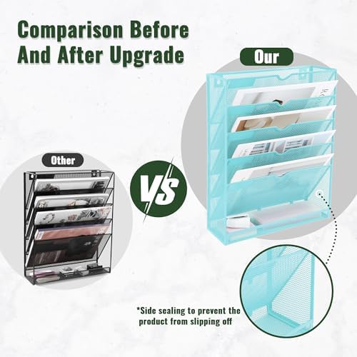 EASEPRES 6 Tier Mesh Hanging Wall File Organizer, Desk Vertical Mail Paper Document Folder Holder Rack with Bottom Tray and Nametag Label for Office Home School, Blue - Image 3