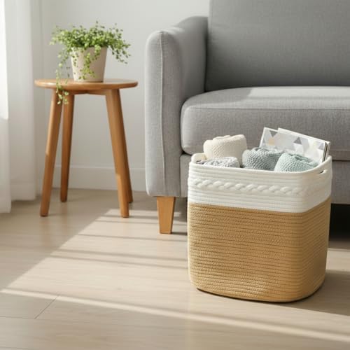 danpinera 3-Pack Cube Storage Bins, 13"x13" Cotton Rope Woven Baskets for Organizing, Square Storage Baskets for Shelves, Books, Towels, Clothes, Toys, White & Khaki - Image 4
