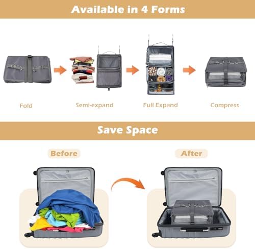Surblue Hanging Shelves Travel Storage Bag Compression Packing Cube for Suitcase Collapsible with Extension Layer Large Capacity, Grey,XL - Image 3