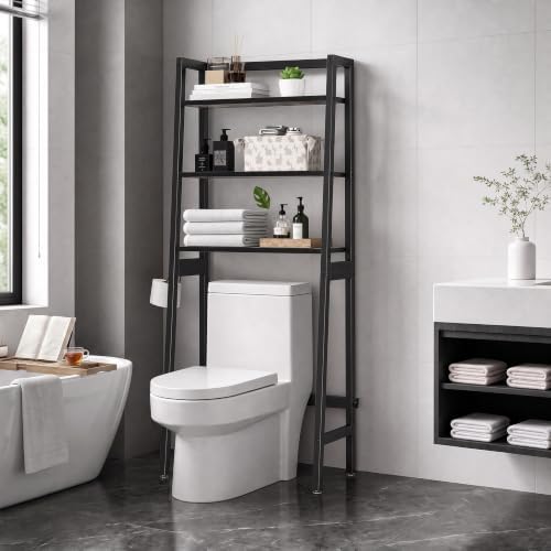 MallKing Over-The-Toilet Storage Rack, Wooden 3-Tier Over-The-Toilet Storage Rack Bathroom Space Saver Organizer, Freestanding Above Toilet with Toilet Paper Holder and Hooks (Black) by MallKing