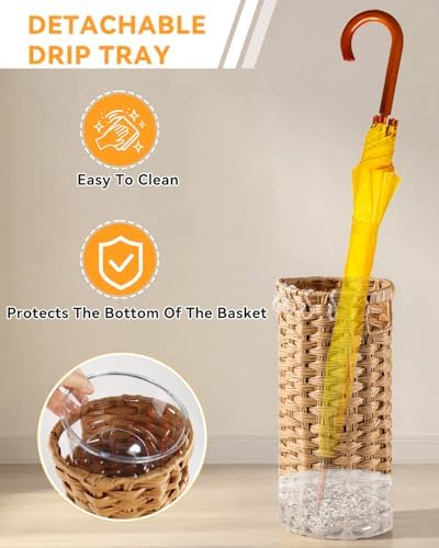 Rattan Umbrella Stand for Entryway,Hand-Woven Umbrella Holder Indoor with Doormat, Removable Drip Tray & 4 Hooks,Waterproof Umbrella Storage Basket - Image 4