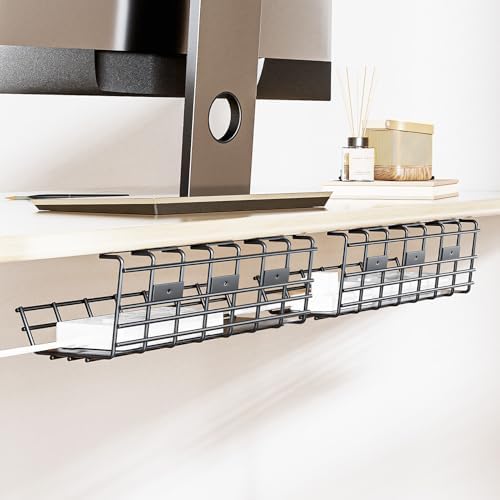 2 Pack DELAMU Under Desk Cable Management Tray, Large Metal Cord Organizer, Office & Home Cord Wire Management Under Desk Shelf, Easy Install Pre-drilled Cable Organizer, Black by DELAMU