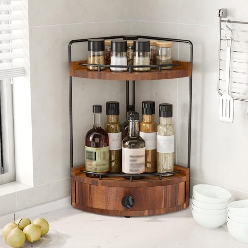 2-Tier Corner Bathroom Counter Organizer with Drawer, Acacia Wood - Image 6