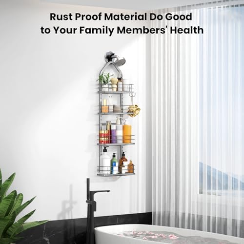 Shower Caddy Hanging (Silver), Adjustable Anti-Swing-Over The Shower Head Caddy, 4 Tier Height Bathroom Storage Organizer Bathroom Shelves Basket Rack Shower Caddies (4Tier) - Image 3