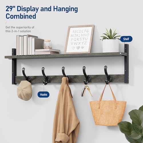 Tatub 29" Rustic Coat Rack Wall Mount with Shelf, Entryway Wall Hooks with Shelf, Coat Hangers for Bathroom, Living Room, Bedroom, Dark Grey - Image 2