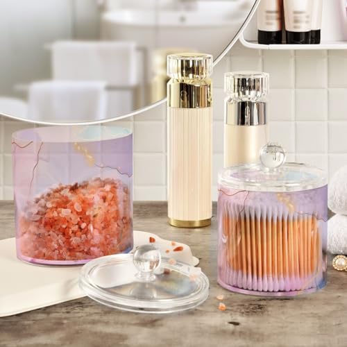 2 Pack Qtip Holder Dispenser with Lids,Watercolor Blue Pink Purple Marble Plastic Cotton Ball Holder Storage Containers,Bathroom Canisters Organizer for Cotton Swab,Cotton Round Pads,Floss 21215203 - Image 4
