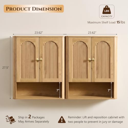 Bathroom Fluted Arched Wall Cabinet Set 2, 23.6''W Medicine Cabinet,Natural - Image 2