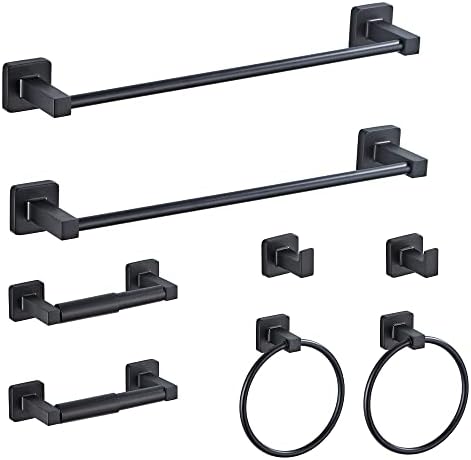 Matte Black Bathroom Hardware Set 8 Pieces,Towel Bar Set Stainless Steel Wall Mounted, Includes 16In Hand Towel Bar, Towel Ring, Robe Towel Hooks,Toilet Paper Holder, Bathroom Towel Rack Set… by bluebyrne