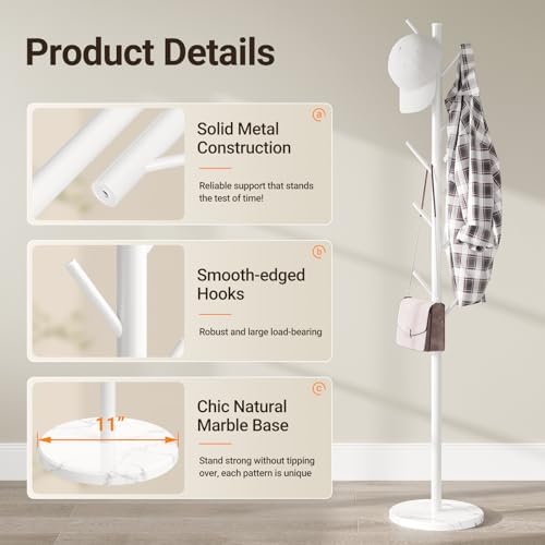 Coat Rack Freestanding, Metal Coat Rack with Natural Marble Base, White - Image 5