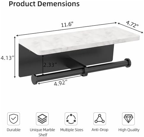 Toilet Paper Holder with Natural Marble Shelf for Bathroom Washroom,Wall Mounted Tissue Holder Suitable for Mega Roll (Matte Black, Large 11.8 * 4.7) - Image 4