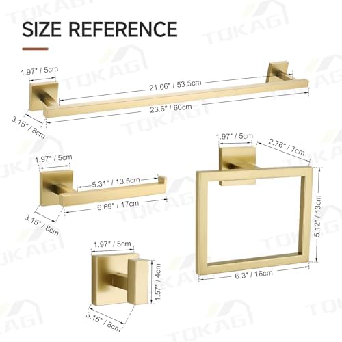 TQKAG Brushed Gold Bathroom Hardware Accessories Set 10 Pieces, 23.6" SUS304 Stainless Steel Towel Bar Set Wall Mounted Includes Single Towel Bar, Towel Ring, Toilet Paper Holder, Double Towel Hooks - Image 6