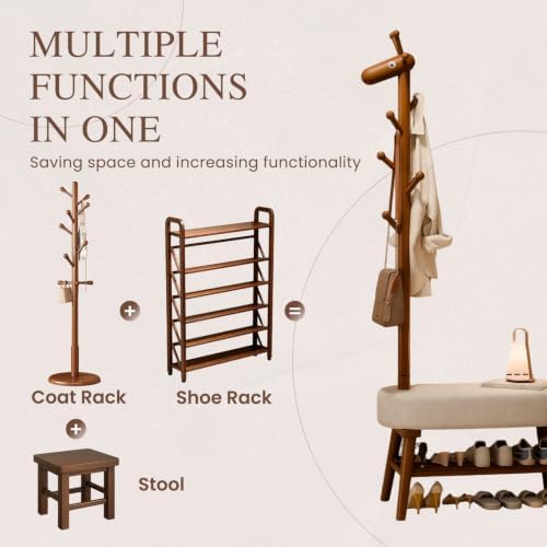 32" Coat Rack and Shoe Storage, 3‑in‑1 Shoe Bench, with 10 Hook, Walnut - Image 2