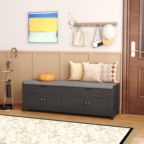 HOMEFORT 54.4" Shoe Bench with Lift Top Storage, Entryway Bench with Cushioned Seat, Wooden End of Bed Bench, Shoe Cabinet Bench with Hidden Storage Space, for Bedroom, Hallway,Black - Image 2