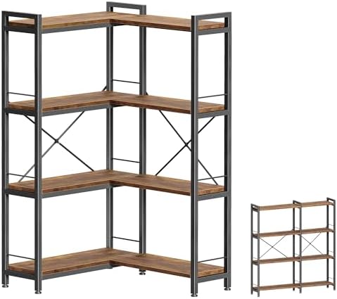 Huuger 4 Tier Bookshelf, L Shaped Corner Bookshelf with 8 Open Shelves, 49.4 Inch Straight Wide Bookcase with Metal Frame and Wooden Board, Adjustable Feet, Rustic Brown by Huuger