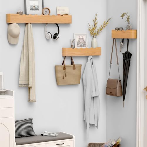 Coat Rack Wall Mount with Hidden Hooks, Wall Hooks with Shelf, Wall Key Holder Mount Wooden Shelf Entryway Hooks for Bedroom Bathroom for Hanging Coats Hats Bags Towels (Oak Wave-Shape, 8 Hooks) - Image 5