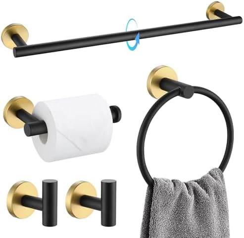 TQKAG Black and Gold Bathroom Accessory Set 5 Pieces, Round Stainless Steel Bath Towel Bar Set 23.6 Inch Towel Racks for Bathroom Wall Mounted by TQKAG
