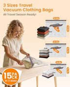 Vacuum Seal Bags for Clothing Travel with Rechargeable Cordless Pump, 15 Pack Compression Space Saver Bags for Packing, Luggage and Seasonal Storage - Image 2