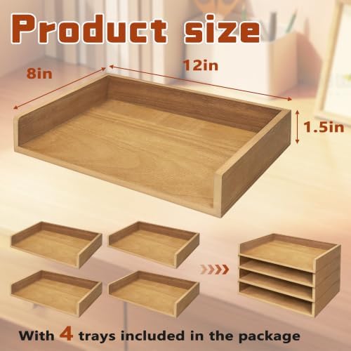 Prolee Stackable Paper Tray,Wooden Paper Organizer for Desk with 4 Letter Trays,Papers Holder and Office Document Organizer Shelf for Mail File Document(Oak,12" x 8" x 1.5") - Image 3