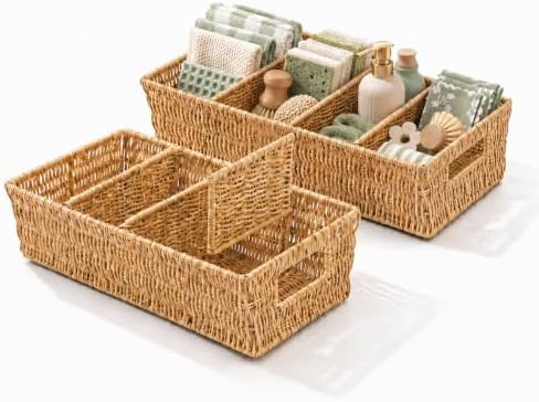 2PCS Rattan Pantry Organizer Baskets with Removable Dividers by Cantalop