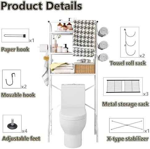 Over The Toilet Storage Shelf 3 Tier Bathroom Organizer White - Image 4