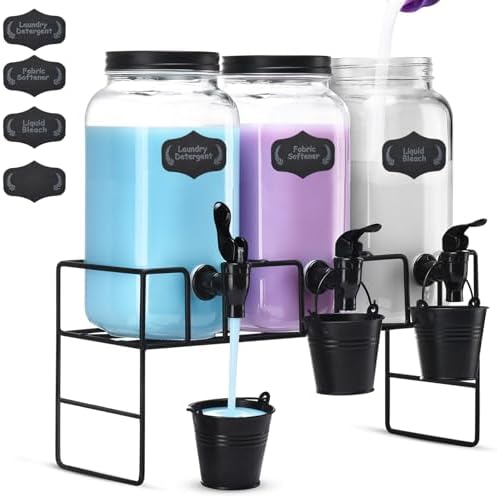 Liquid Laundry Detergent Dispenser, Three 2.2L Laundry Detergent Dispenser Glass Jar for Liquid Detergent, Fabric Softener- Laundry Soap Dispenser for Laundry Room Organization by GADFISH