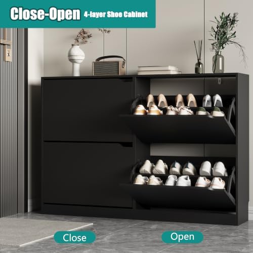 Xixini Shoe Storage Cabinet for Entryway with 4 Flip Drawers, Sturdy Wood Hidden Shoe Storage, Freestanding Narrow Slim Shoe Organizer for Front Door Entrance, Living Room, Hallway, Bedroom, Black - Image 3