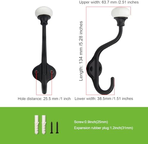 CHIVS Coat Hooks- 5 Pack Matte Black Wall Hooks, Ceramic Coat Hooks, Decorative Wall Mounted Towel Hanger, zinc Double Prong Hook for Hanging Clothes, Keys, Hats, Backpacks - Image 2