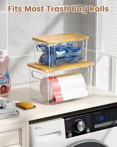 Trash Bag Dispenser 2 Pack, Stackable Trash Bag Holder with Bamboo Lid – Clear Plastic Garbage Bag Organizer for 4-33 Gal Bags, Space-Saving Under Sink Organizer for Kitchen, Laundry, Pantry - Image 4
