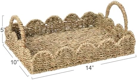 Household Essentials Seagrass Decorative Tray with Scalloped Edge, Handwoven Natural Wicker Organizer Basket with Handles & Iron Frame for Coffee Tables, Bathrooms & Countertops (Pack of 8) - Image 2