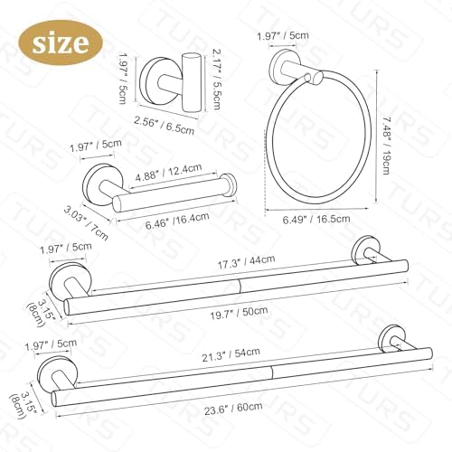 TURS Brushed Gold 8 Piece Bathroom Hardware Set, SUS304 Stainless Steel 24 Inch and 20 Inch Bath Towel Bar Set, Round Bathroom Accessories Kit Wall Mounted - Image 7