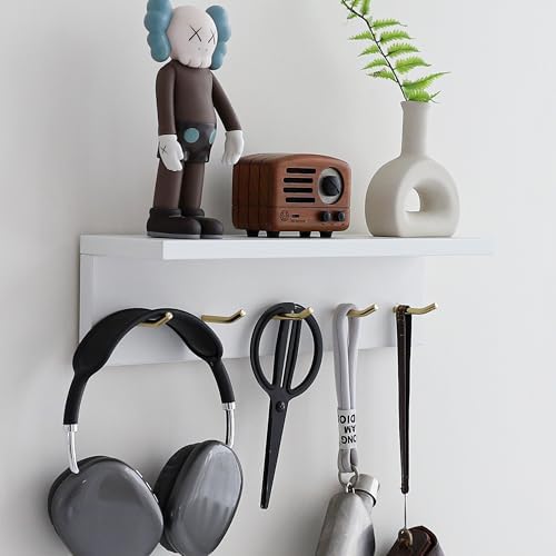 Wall Mounted Coat Rack with Shelf & Key Hooks, 5 Brass Hooks Entryway Organizer, Modern Floating Shelf for Bedroom Hallway, Space-Saving Home Storage Rack (1, White) - Image 4