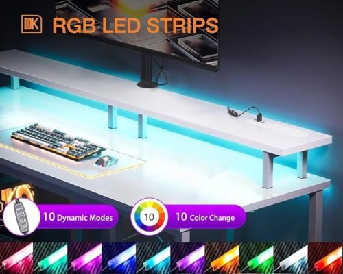 ODK 48 Inch Gaming Desk with LED Lights & Storage Shelves, White - Image 4