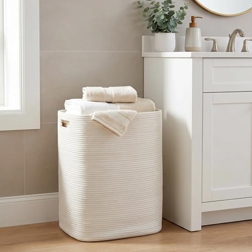 MEGASKET Large Laundry Hamper 16"x13"x22" - Tall Woven Laundry Basket, Cotton Rope Dirty Clothes Hamper, Baby Kids Nursery Wicker Laundry Basket, Bedroom Aesthetic, Soft Laundry Bin, White Hamper, 75L - Image 6