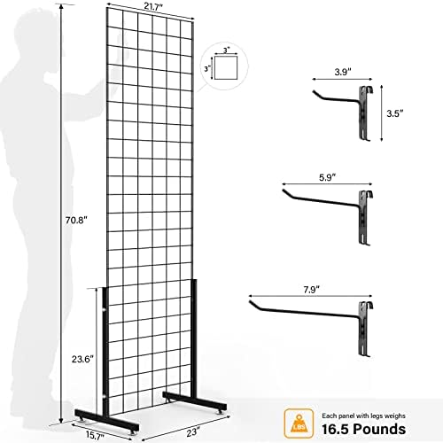 Bonnlo 2' x 6' Standing Grid Panel Tower, Thicker 5mm Wire, 180 LBS Weight Capacity Grid Wall with T-Legs, Grid Rack for Retail Display with Extra Hooks (2) - Image 3