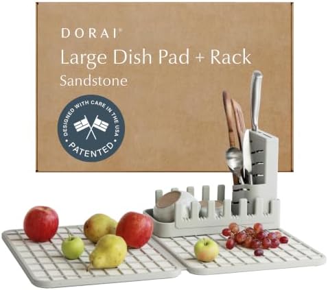 Dorai Home Collapsible Dish Drying Rack with Stone Dish Pad - Kitchen Counter Set with Diatomaceous Earth Stone Dish Mat for Quick Drying - Space-Saving Design - Large 24.6" x 16.5", Sandstone by DoraiHome