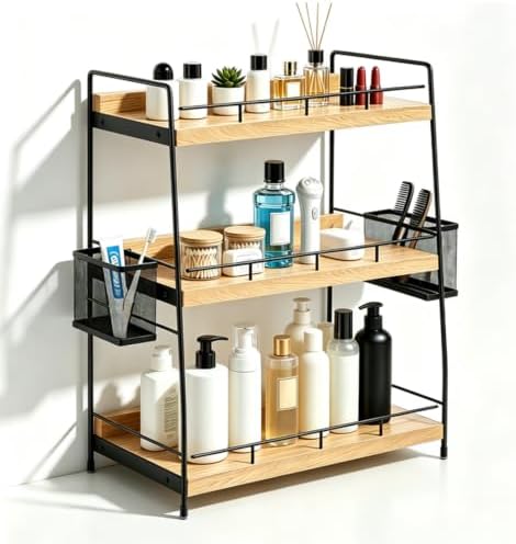 Wood 3 Tier Bathroom Counter Organizer with Side Baskets Fits Tall Bottles by BSTSLL