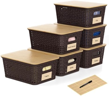 6 Pack Plastic Storage Baskets,Brown bamboo lid storage Box by WRRLORS
