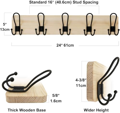 SKOLOO Coat Rack Wall Mount, Solid Wood Wall Mounted Coat Rack with Hooks, 24 Inch Wooden Coat Hooks for Wall, Modern Entryway Hallway Organizer, Pre-Assembled, Wood Natural, Pack of 2 - Image 7