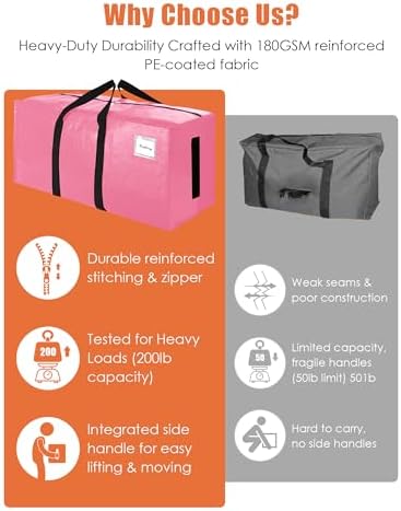 SWEET DOLPHIN 12 Pack 200LB Heavy-Duty Moving Bags with Wrap-Around Handles, Extra Large Storage Totes for Space Saving, Clothes Storage Bags, College Dorm Essentials, Pink, 24 Gal - Image 7
