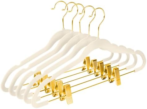 MIZGI Premium Velvet Pants Hangers with Adjustable Clips (Pack of 30) Slim Skirt Hangers- Non Slip Felt Outfit Dress Hangers Ivory - Gold Hooks,Space Saving Shirt Clothes Hangers by MIZGI