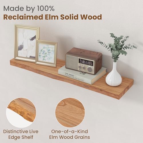 Floating Shelves for Wall Decor, Rustic Solid Elm Wood Live Edge Floating Shelves Wall Mounted, Wall Shelves with Invisible Bracket for Living Room Bathroom Bedroom Kitchen, 30 Inch Set of 2, Natural - Image 3