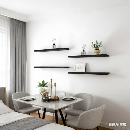24 Inch Rustic Wood Floating Shelves Farmhouse Wooden Wall Shelves for Bathroom Bedroom Living Room Kitchen Office Set of 4 Black - Image 3