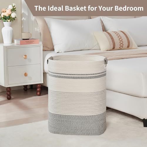 AINUOQI Laundry Basket with Handles - Blanket Basket & Hampers for Bedroom Aesthetic, Laundry Hamper & Blanket Storage for Living Room, Clothes Hamper, Tall, Large 17" x 14" x 22”, Grey & White - Image 6