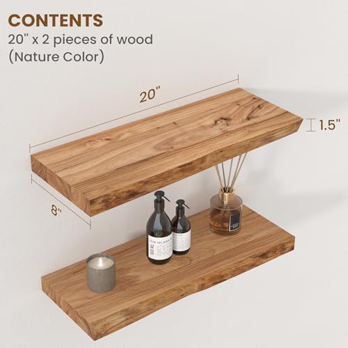 Floating Shelves for Wall Decor, Rustic Solid Elm Wood Live Edge Floating Shelves Wall Mounted, Wall Shelves with Invisible Bracket for Living Room Bathroom Bedroom Kitchen, 20 Inch Set of 2, Natural - Image 2
