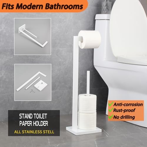 GERZWY SUS 304 Stainless Steel Toilet Paper Stand with Reserve, Free Standing Toilet Paper Holder, White - Image 2