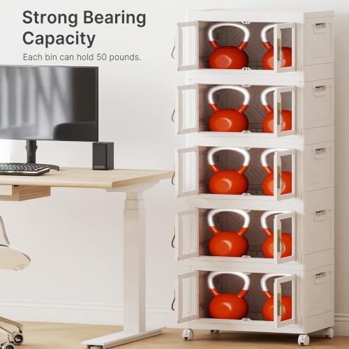 UAMFURI Stackable Storage Bins with Lids, Clear Doors, Large Storage Cabinet Foldable Collapsible Closet Organizers for Bedroom Dorm Office (5, White, 48, Quarts) - Image 3